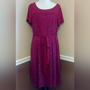 Burgundy Lace Short Sleeves Knee-Length Sash Waist Modcloth Midi Dress 2X
